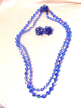Vtg Blue Aurora Borealis Austrian Crystal Bead Double Long Necklace Earring Set